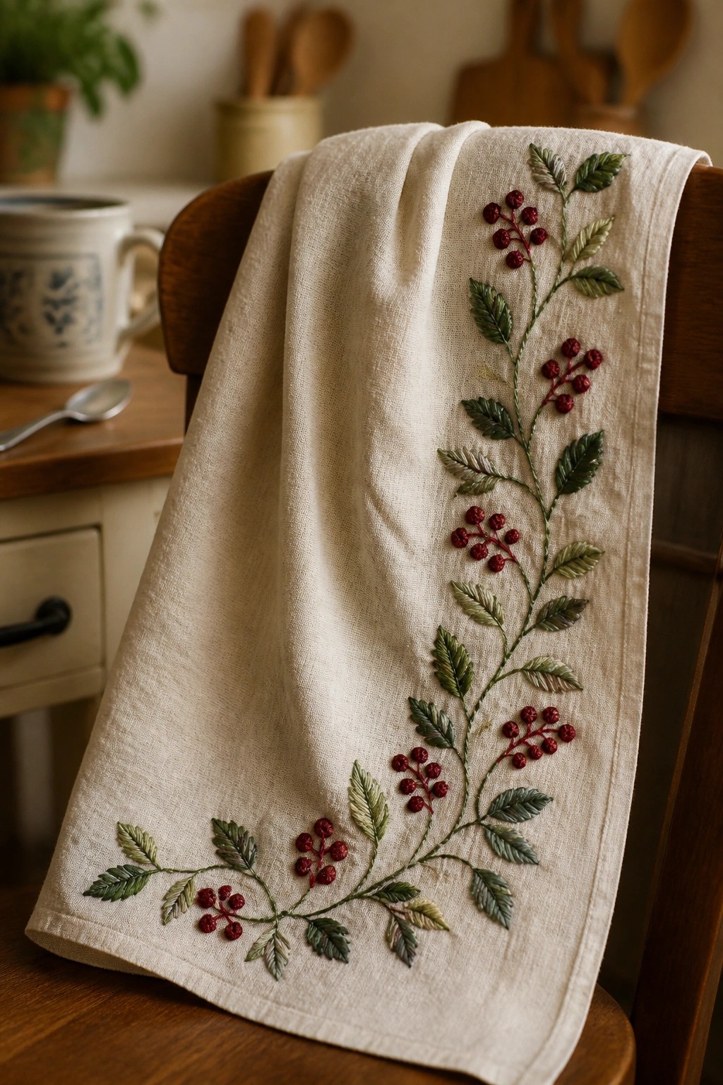 Embroidered white cloth with red berries and green leaves on wooden chair.