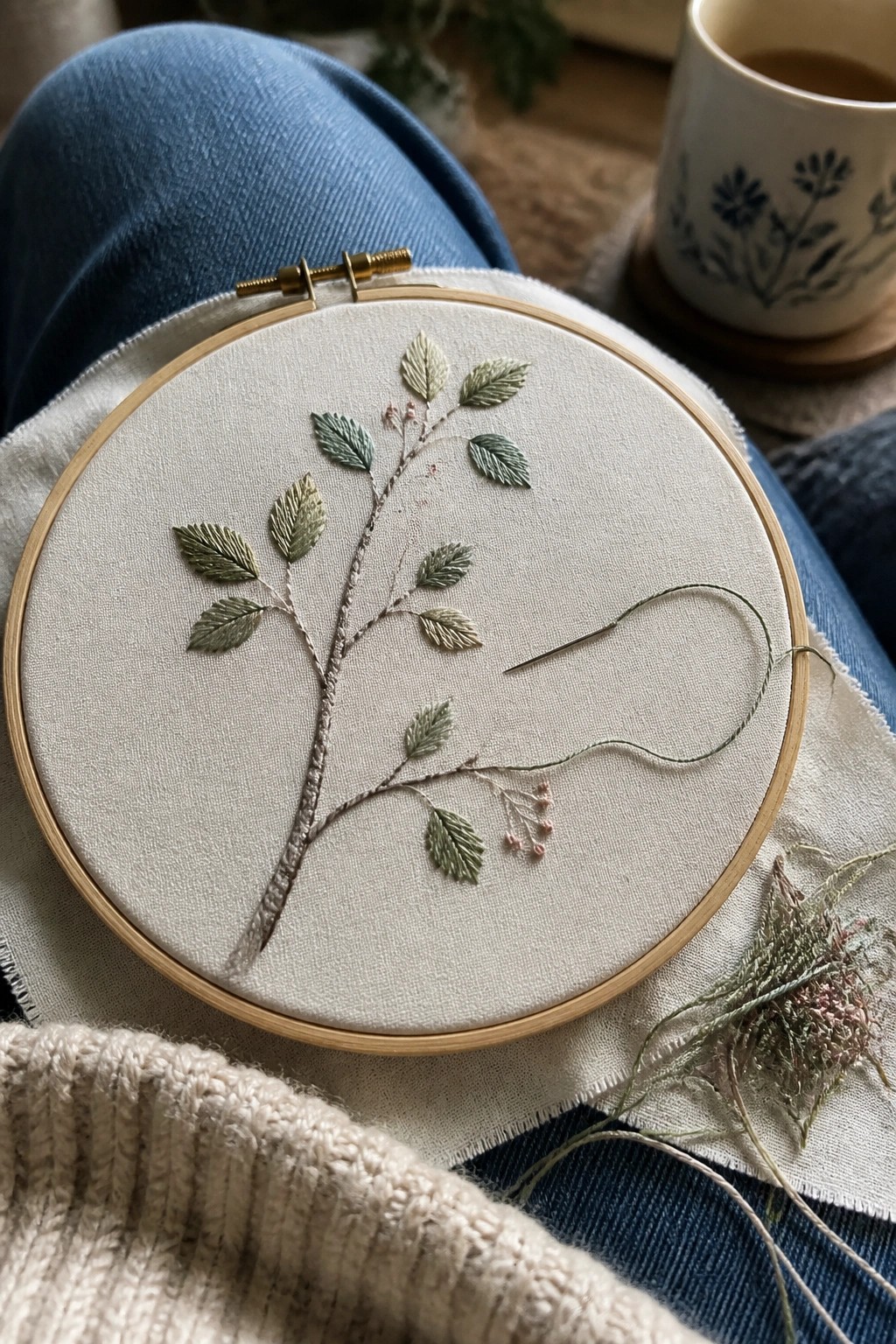 Embroidery hoop with green leafy branch on white fabric over blue jeans