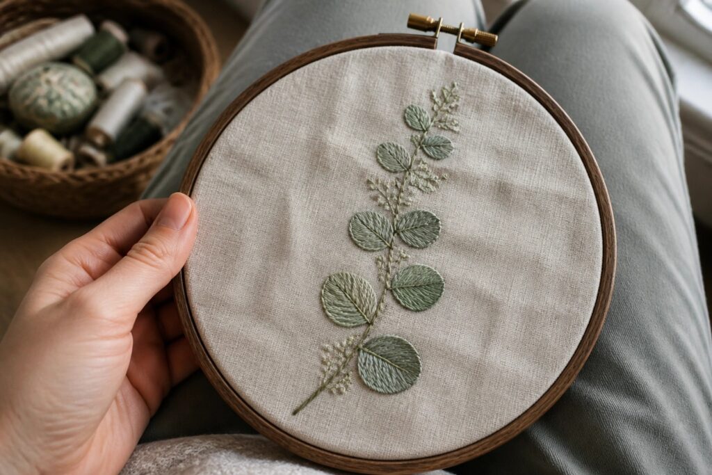 21 Chic Botanical Embroidery Ideas With Leaf and Stem Details Green embroidered foliage in wooden hoop on blue jeans lap with craft basket nearby