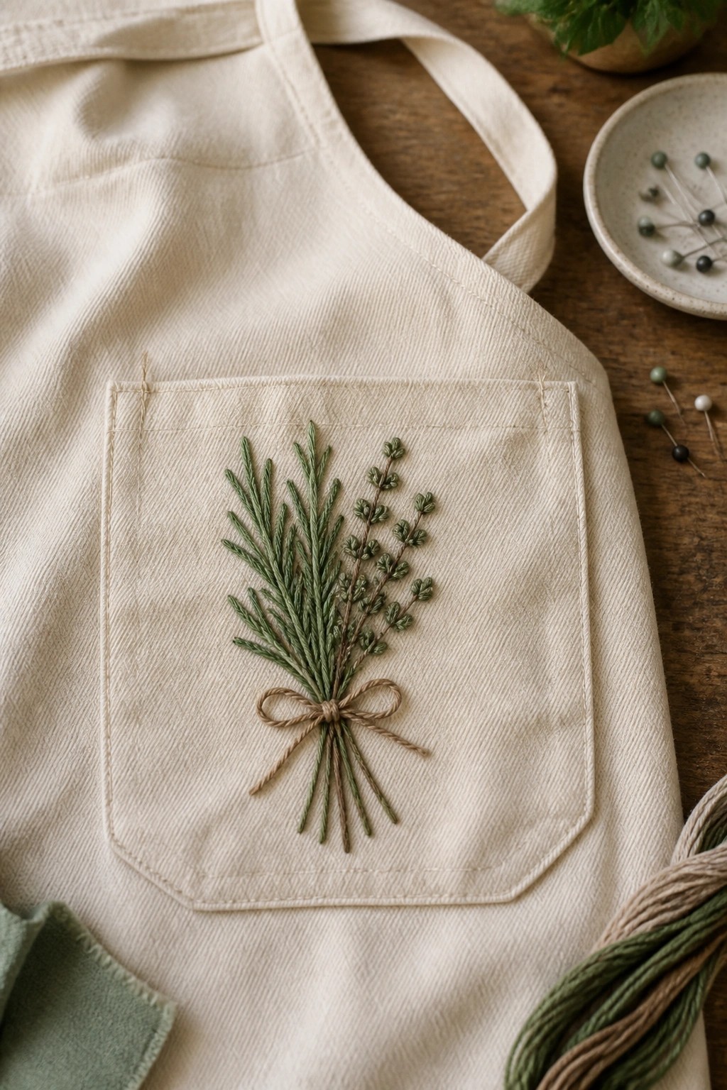 Cream apron pocket with embroidered bundle of green stems tied by a brown bow.
