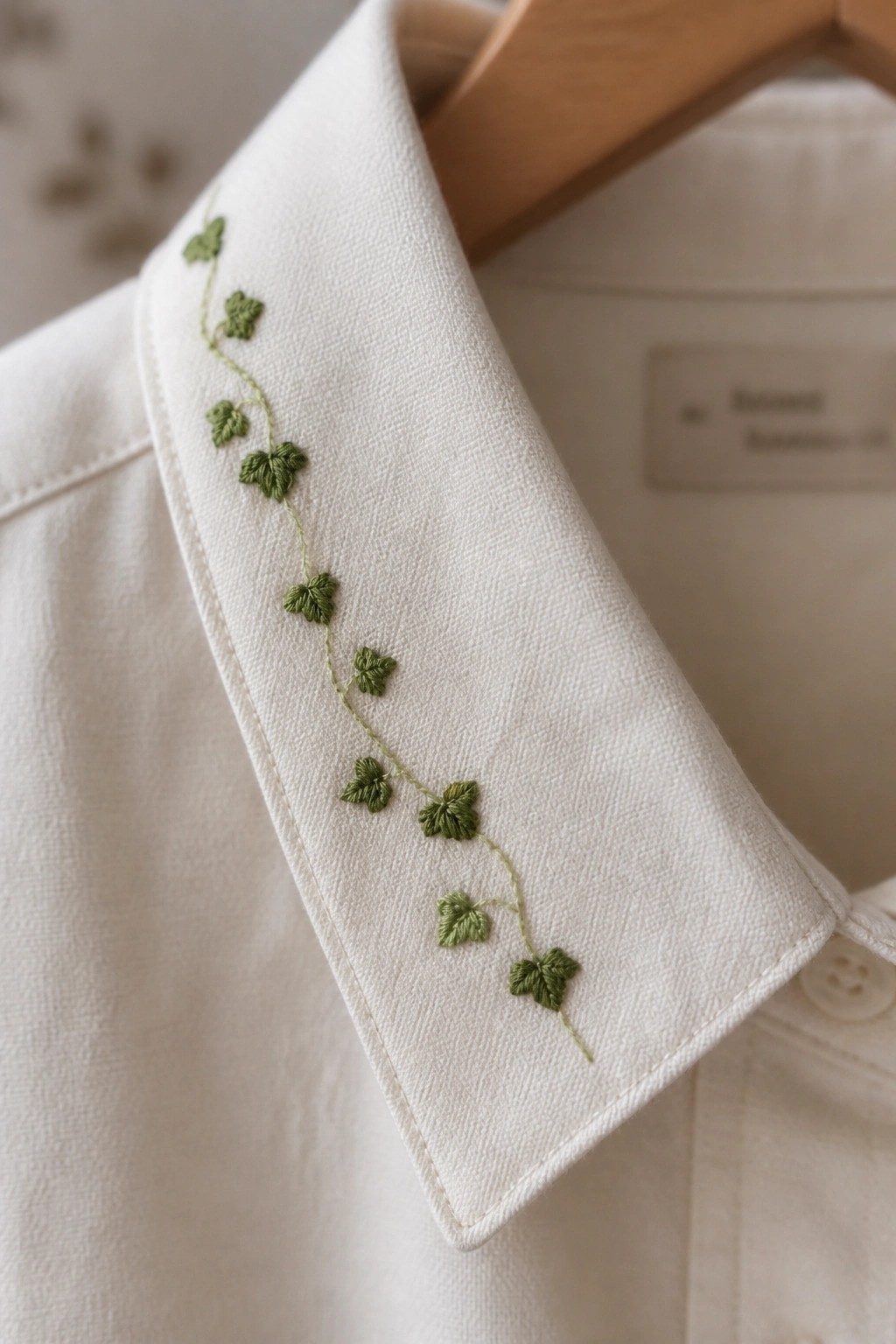 White shirt collar with green embroidered ivy vine on wooden hanger