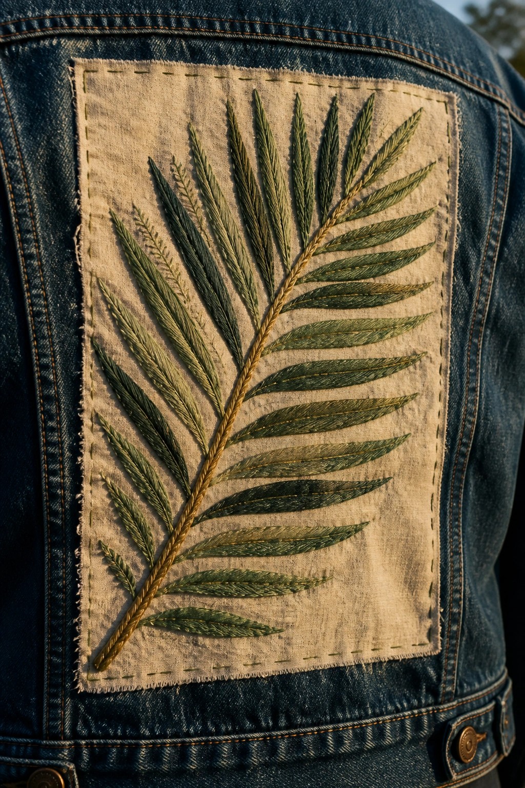 Blue denim jacket with beige patch embroidered in green fern leaves.