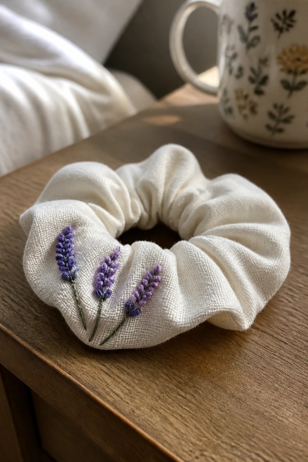 White scrunchie with purple lavender embroidery on wooden table beside floral mug