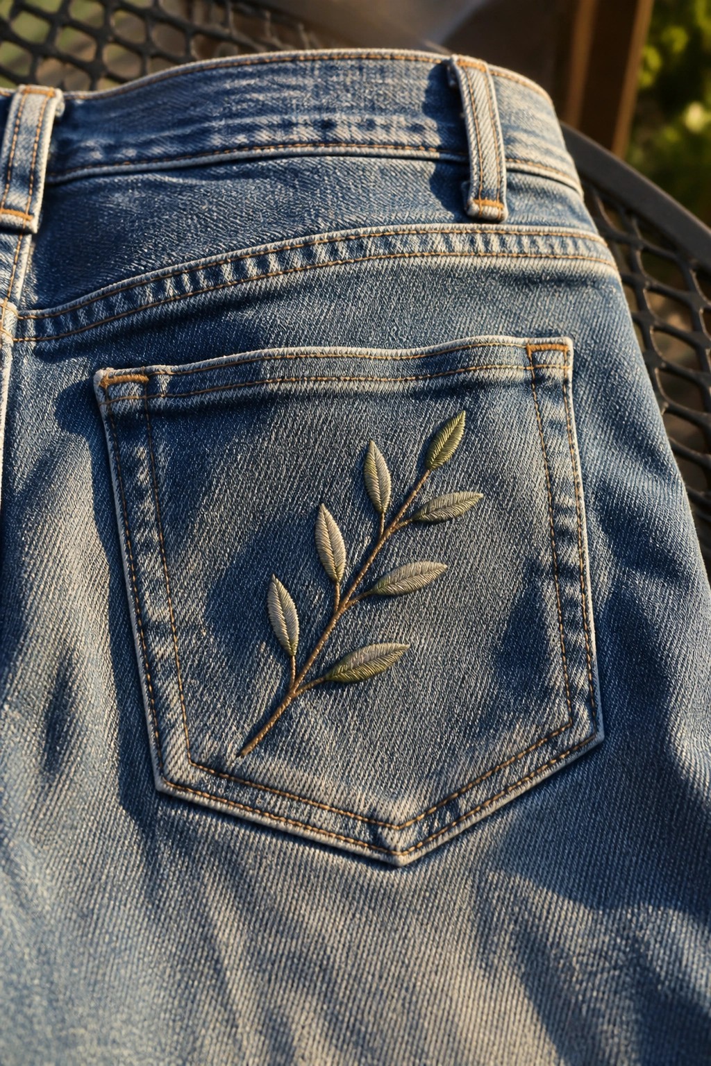 Blue denim jeans back pocket with green embroidered leafy branch in sunlight