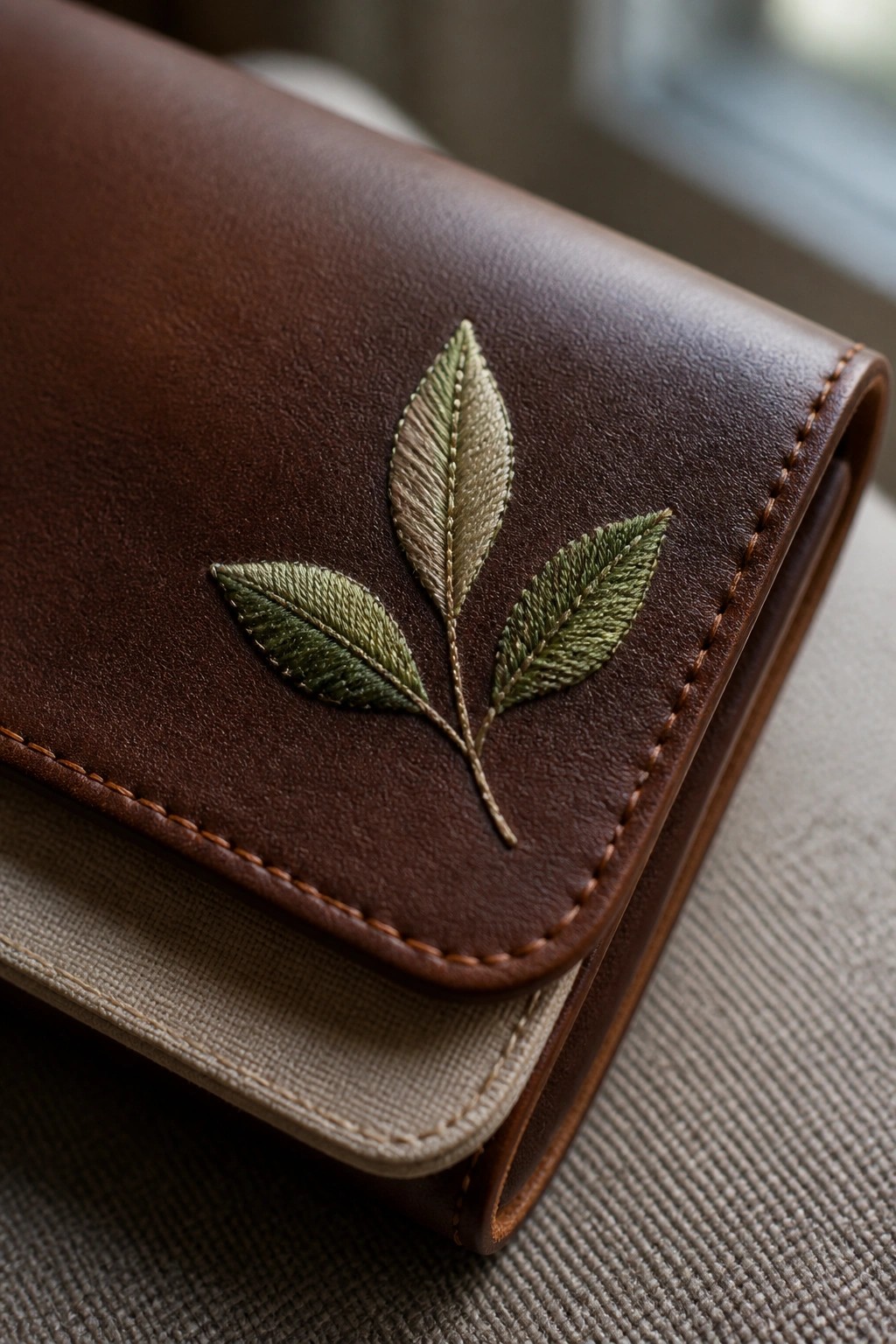 Brown leather wallet with green embroidered leaves on beige textured fabric.