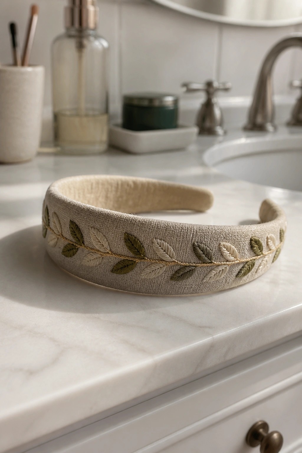 Beige headband with green leaf embroidery on white marble bathroom counter.