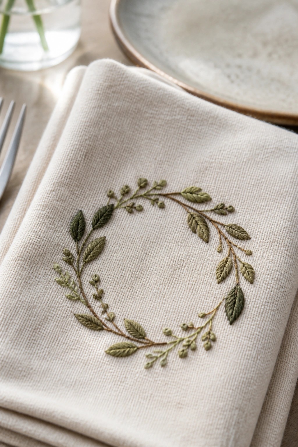 Beige linen napkin embroidered with green leafy wreath on dining table setting.