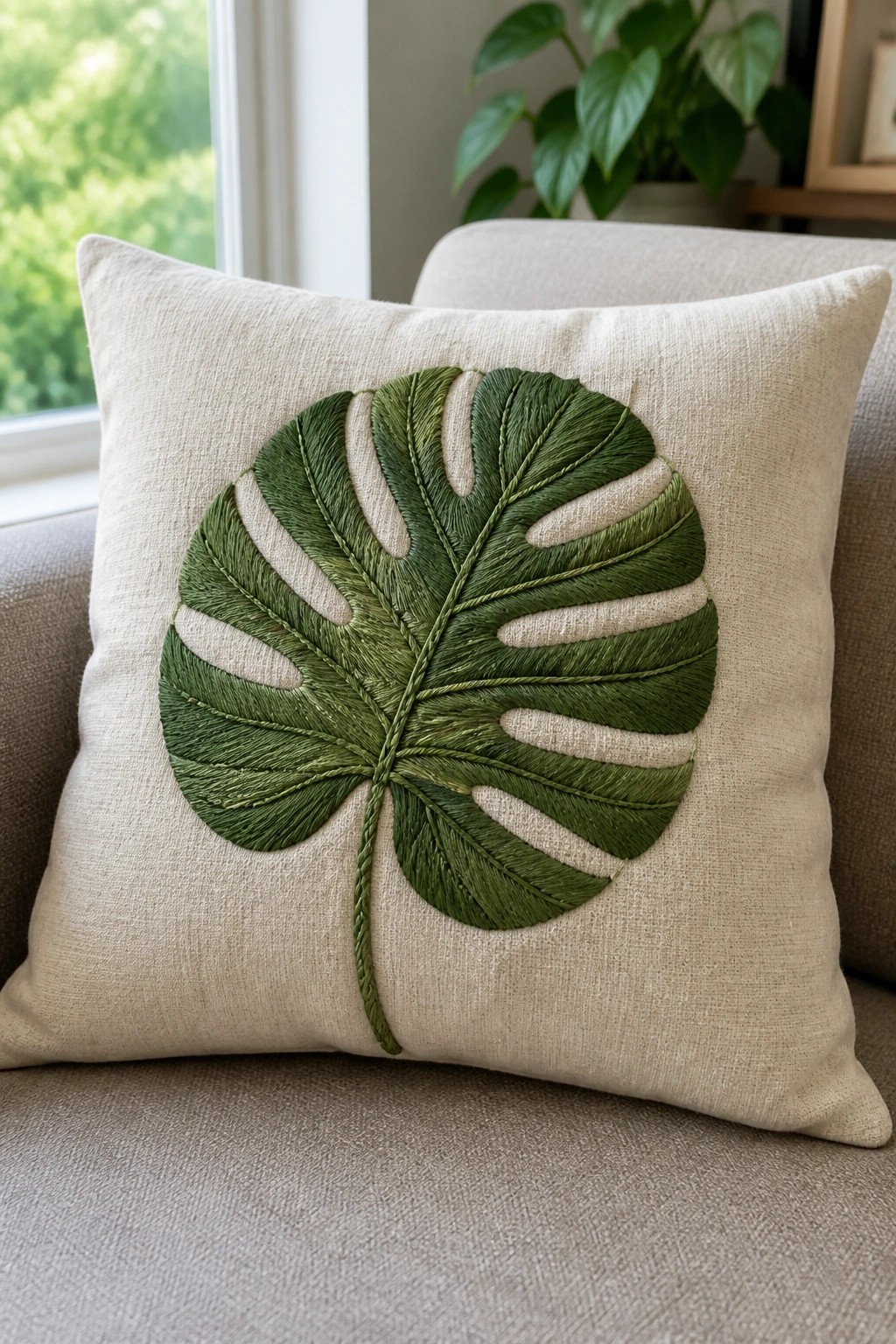 Beige pillow with intricate green embroidered monstera leaf on a gray couch