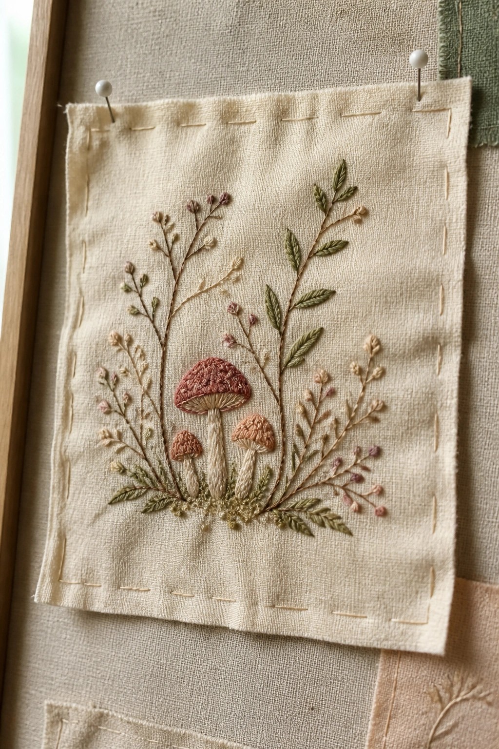 Embroidered beige fabric with red mushrooms, green leaves, and pink flowers pinned in place.