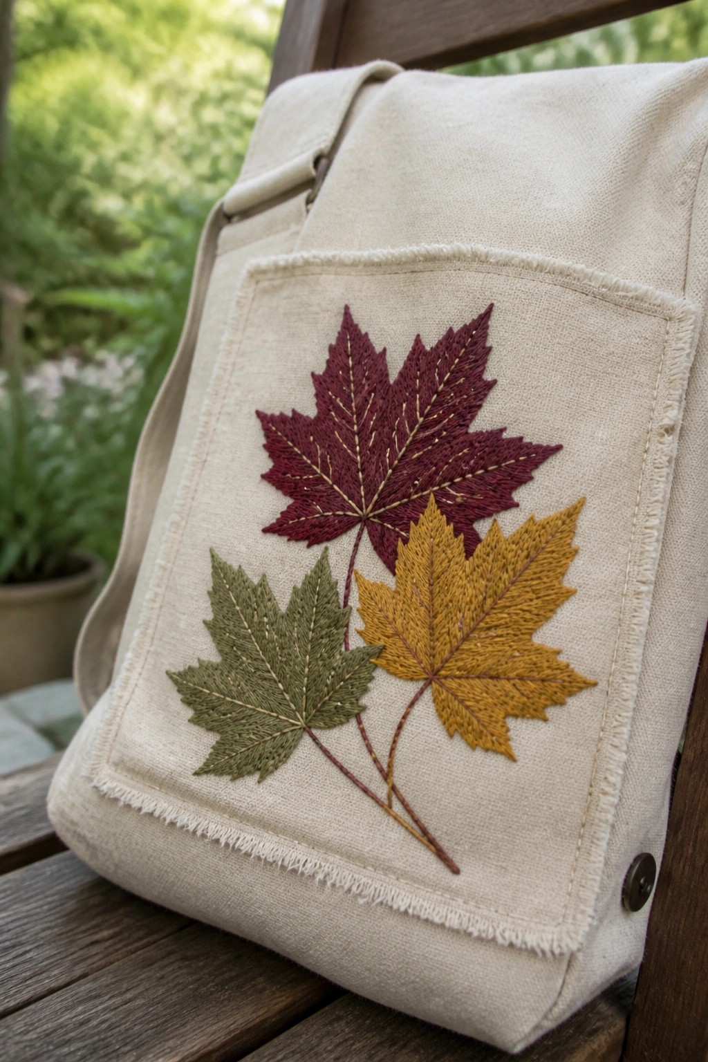 Beige canvas bag embroidered with red, yellow, and green maple leaves on wooden bench