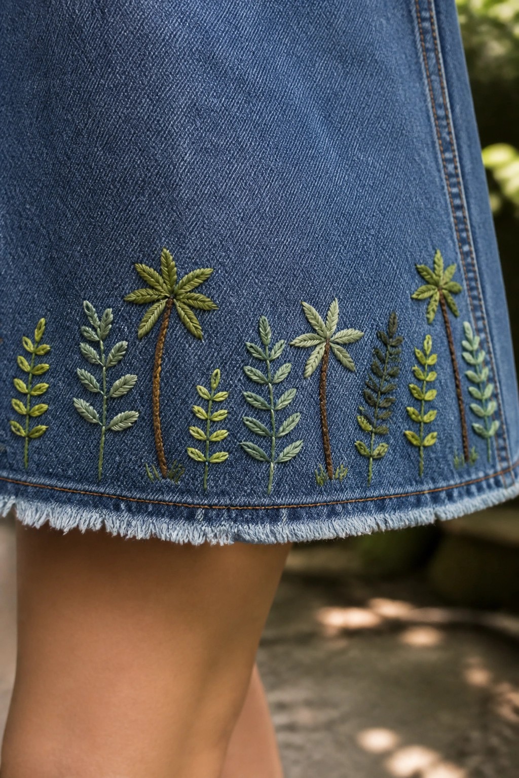 Blue denim skirt with green embroidered palm trees and plants on frayed hem.