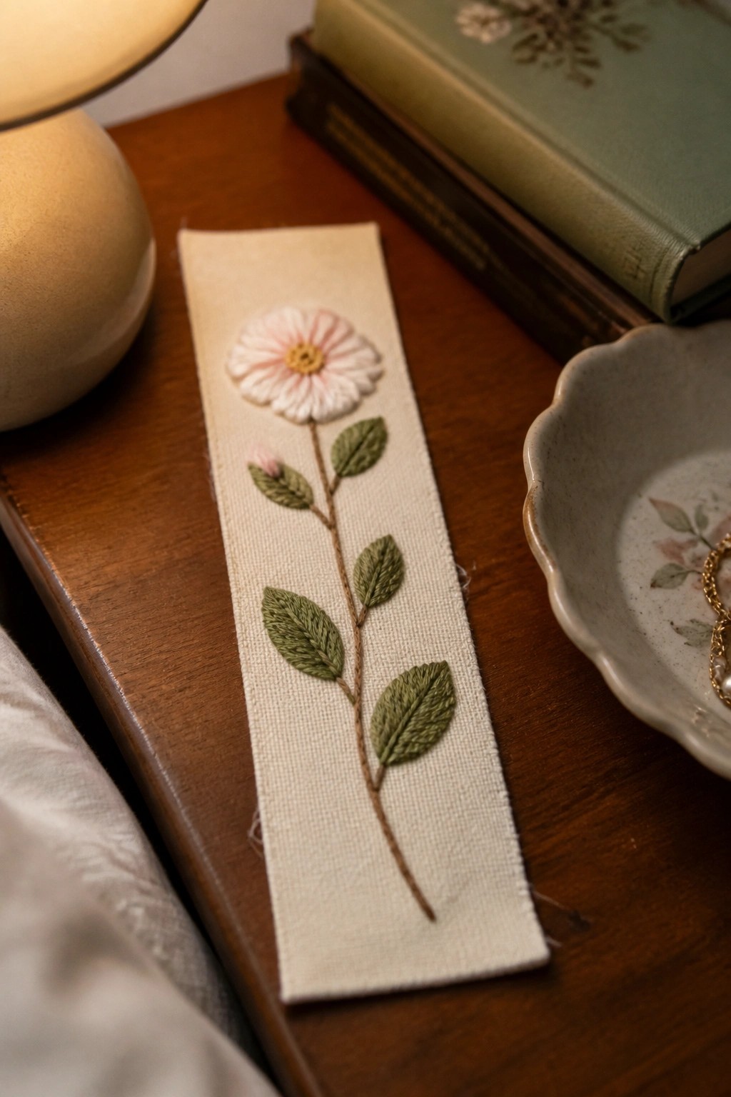 Embroidered pink daisy bookmark on wooden table beside books and lamp