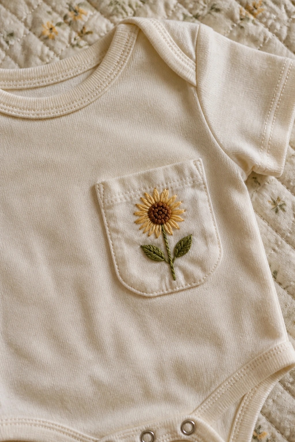 Cream baby onesie with embroidered sunflower on chest pocket over floral quilt.