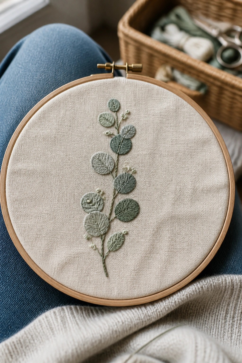 Green embroidered foliage in wooden hoop on blue jeans lap with craft basket nearby