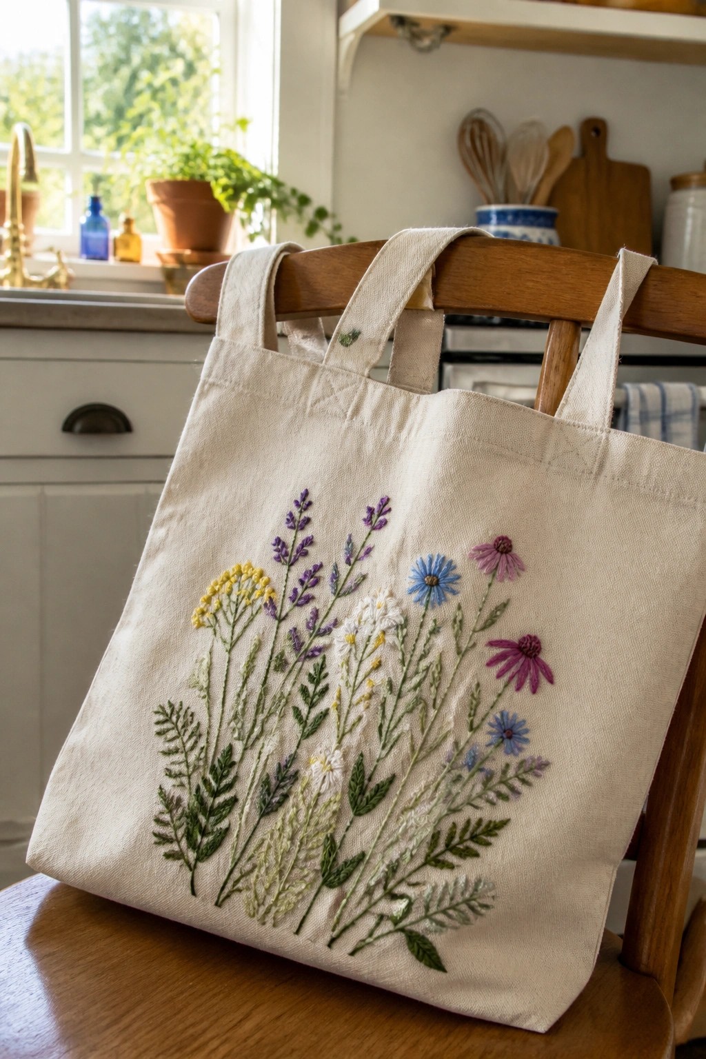 Off-white tote bag with colorful wildflower embroidery on wooden kitchen chair