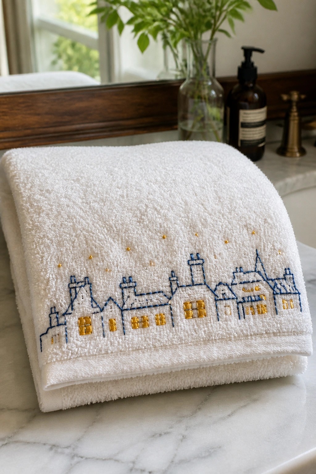 White towel embroidered with blue village houses, yellow windows, and gold dots on marble.