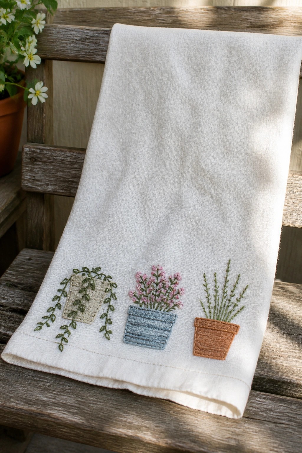 White embroidered towel with three potted plants on wooden bench