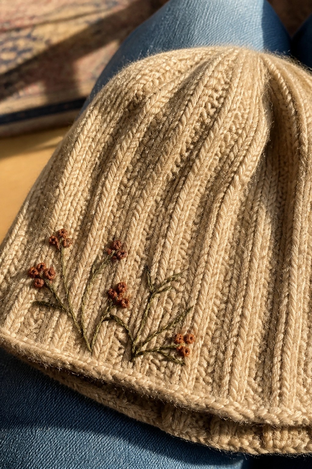 Close-up of a beige knitted beanie with small embroidered green stems and rust berry clusters along the side.