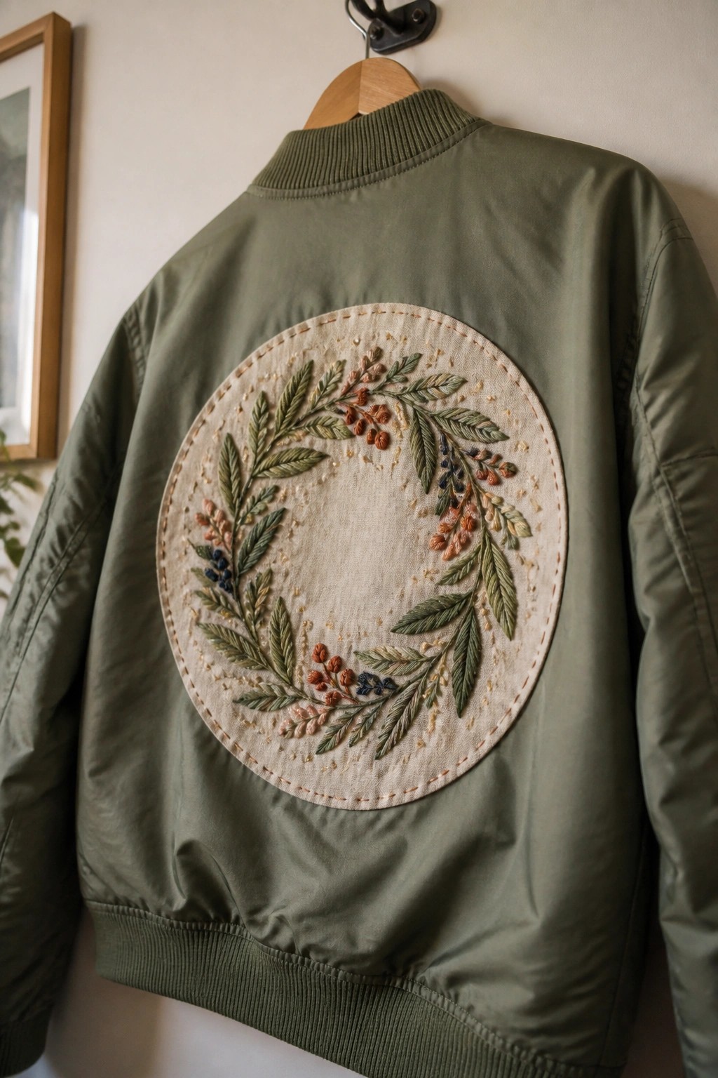 Olive green bomber jacket with embroidered floral wreath on circular beige patch