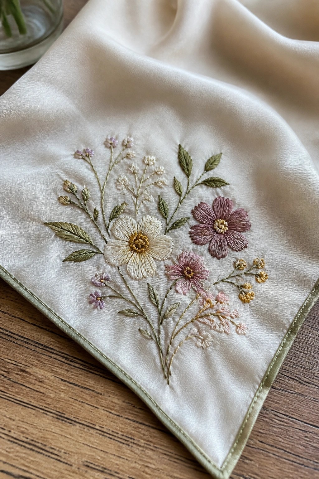 White fabric with pink, purple, and white embroidered flowers and green leaves on wood