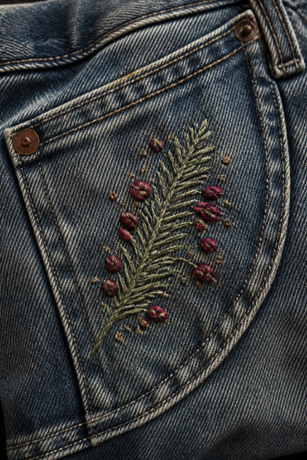 Blue denim jeans pocket embroidered with green pine branch and red berries