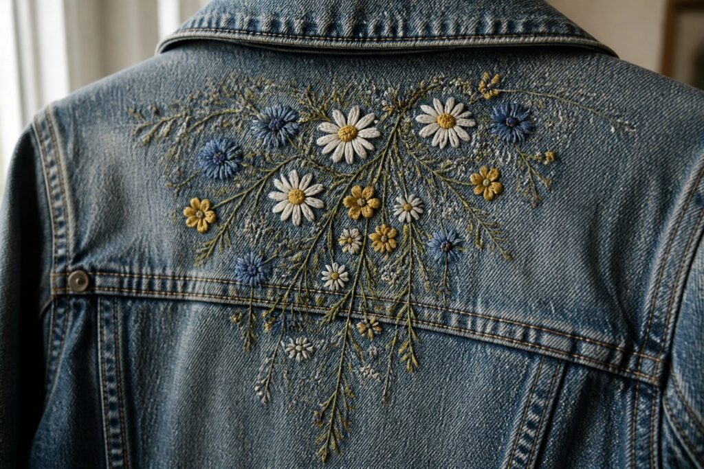 21 Creative Embroidery on Clothes Ideas Featuring Botanical Motifs Blue denim jacket back embroidered with white daisies, yellow and blue wildflowers.