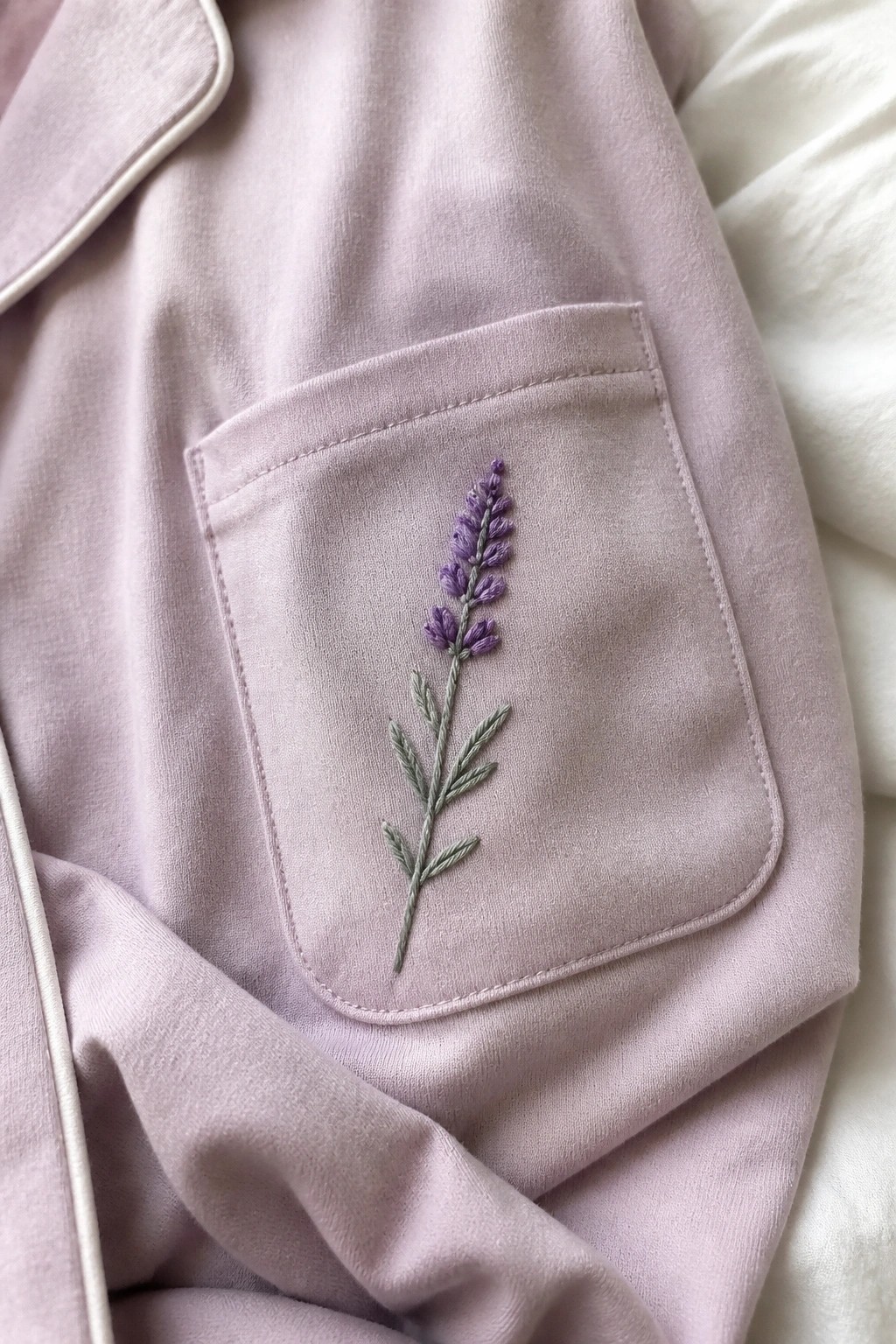 Pale lavender pajama pocket embroidered with purple flower and green leaves.