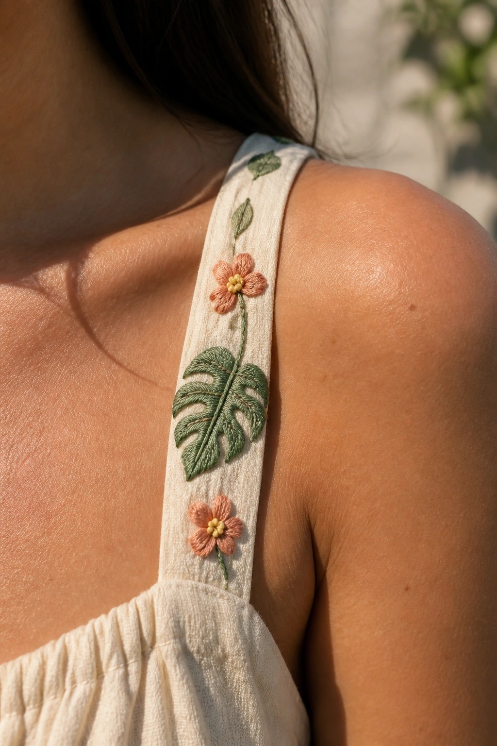 Embroidered white strap with green monstera leaf and peach flowers on shoulder