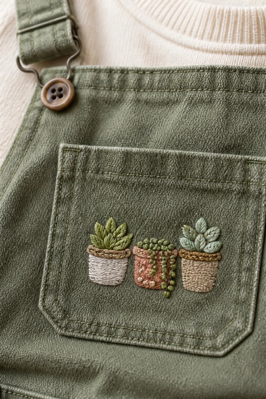 Olive green overalls pocket embroidered with three potted plants.