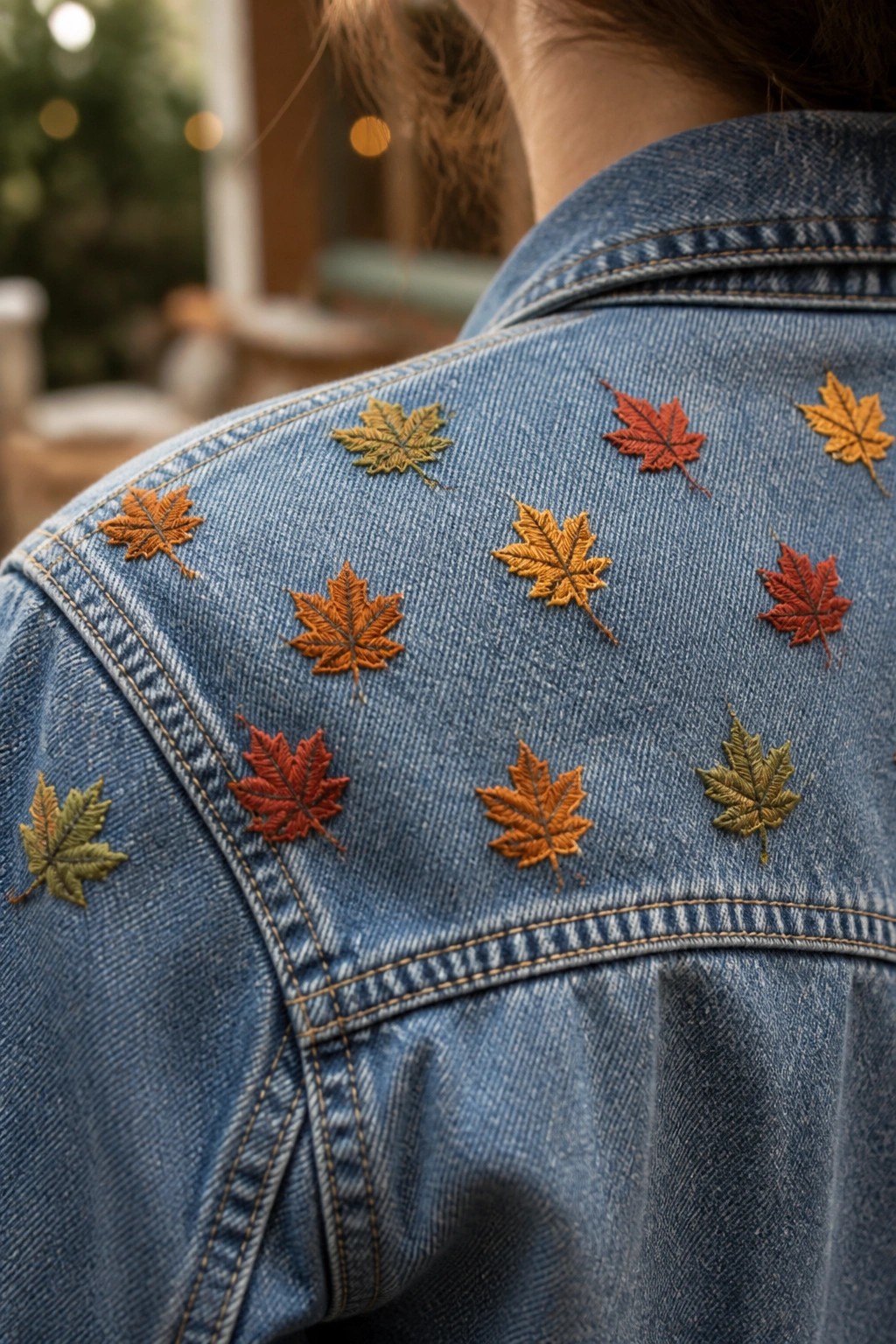 Close-up of blue denim jacket with scattered embroidered maple leaves in green, orange, red, and yellow on the shoulder area.