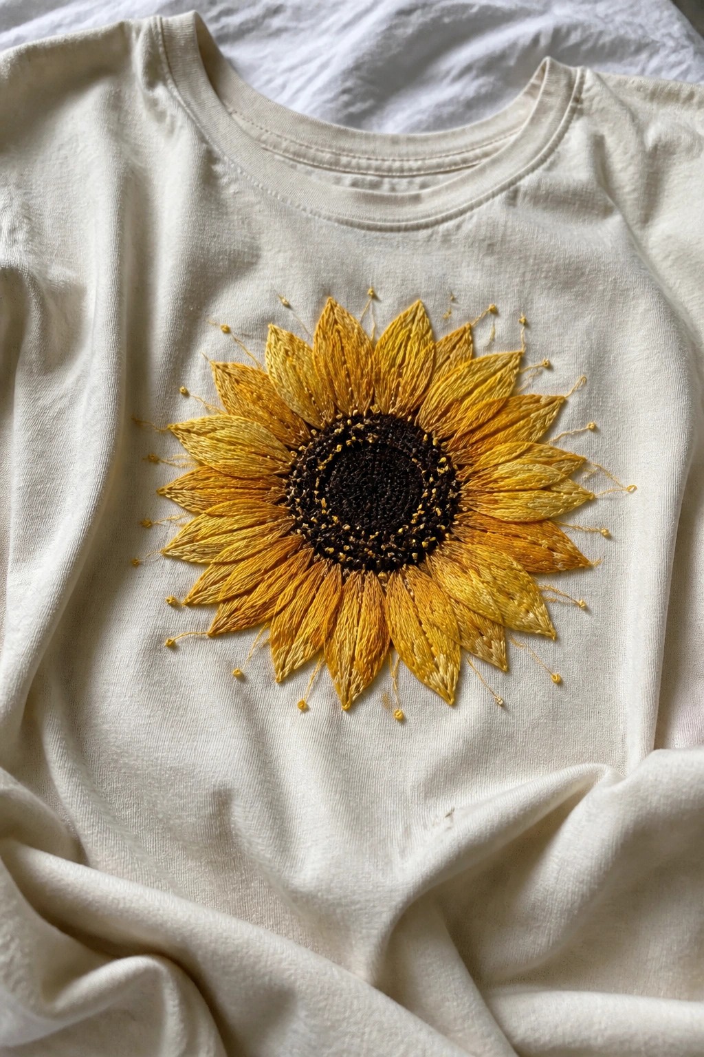 Cream sweatshirt with large yellow embroidered sunflower and dark brown center.
