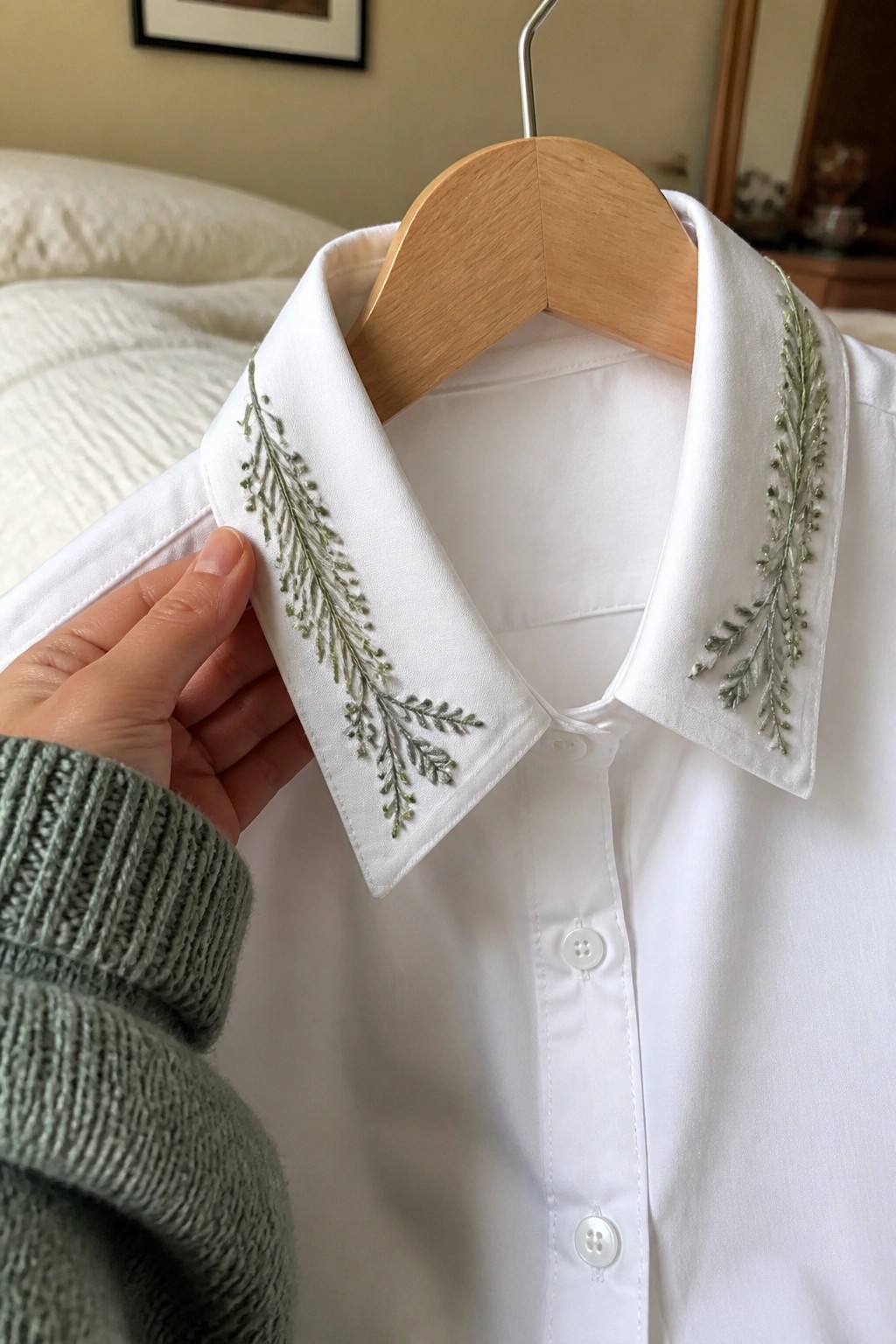 White shirt with green embroidered foliage on collar, held on wooden hanger.
