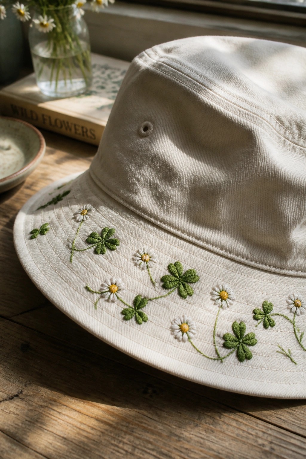 Cream bucket hat embroidered with daisies and clovers beside wildflowers book on wood