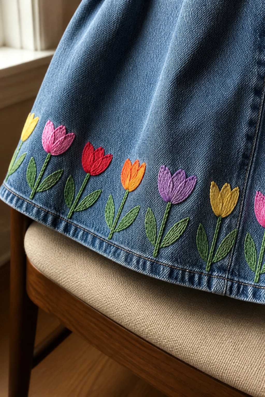 Blue denim skirt hem with colorful embroidered tulips in pink, red, orange, purple, and yellow.