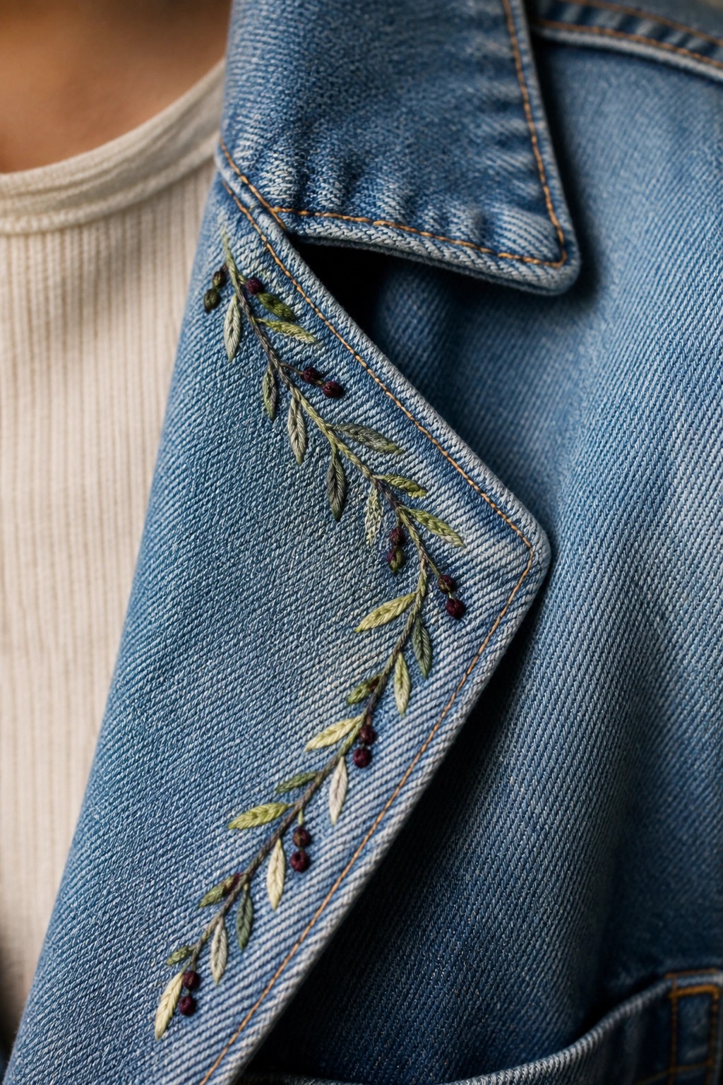 Blue denim jacket lapel embroidered with green leaves and purple berries over white top