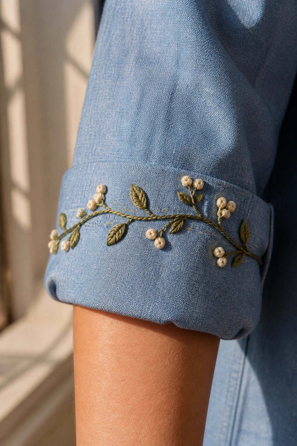 Rolled light blue denim cuff embroidered with green leaves and white berries on arm