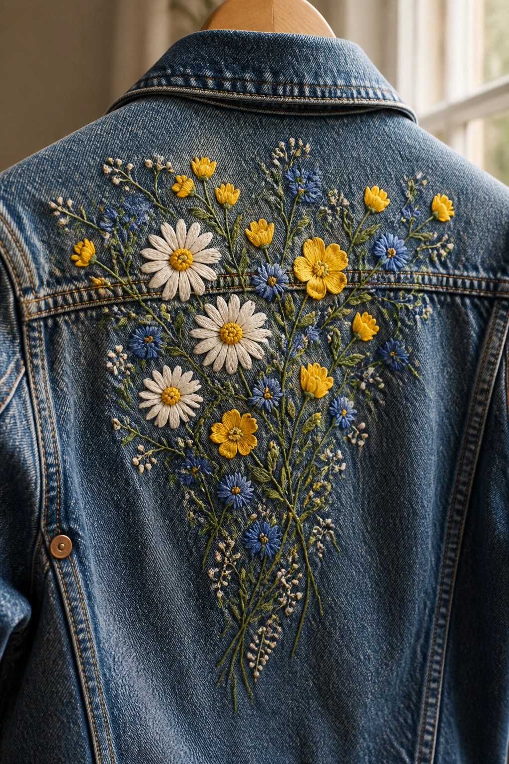 Blue denim jacket back embroidered with white daisies, yellow and blue wildflowers.