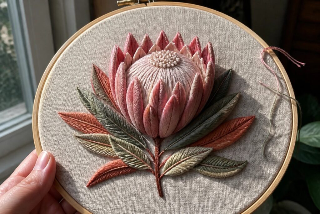 Hand holding hoop with pink protea embroidery, green leaves, and loose threads.