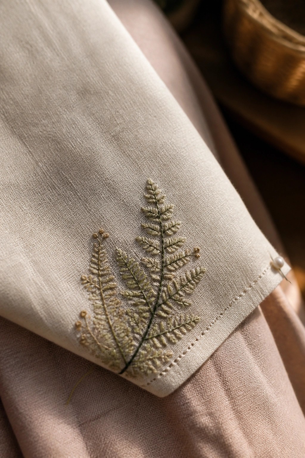 Beige linen fabric with delicate green fern embroidery and pearl accent.