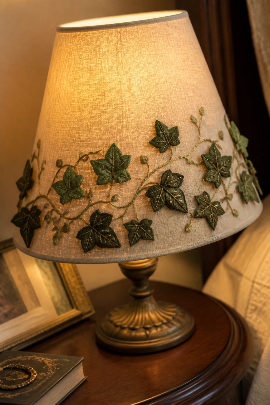 Lit table lamp with green ivy-embroidered beige shade on wooden surface