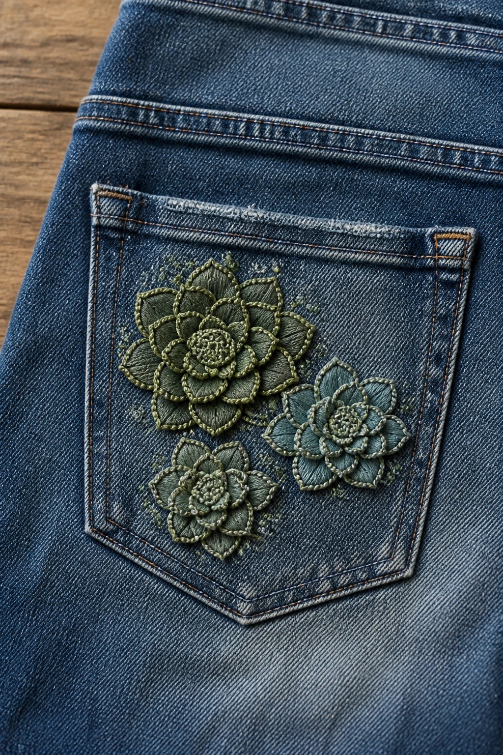 Blue denim jeans pocket with embroidered green and teal succulent flowers