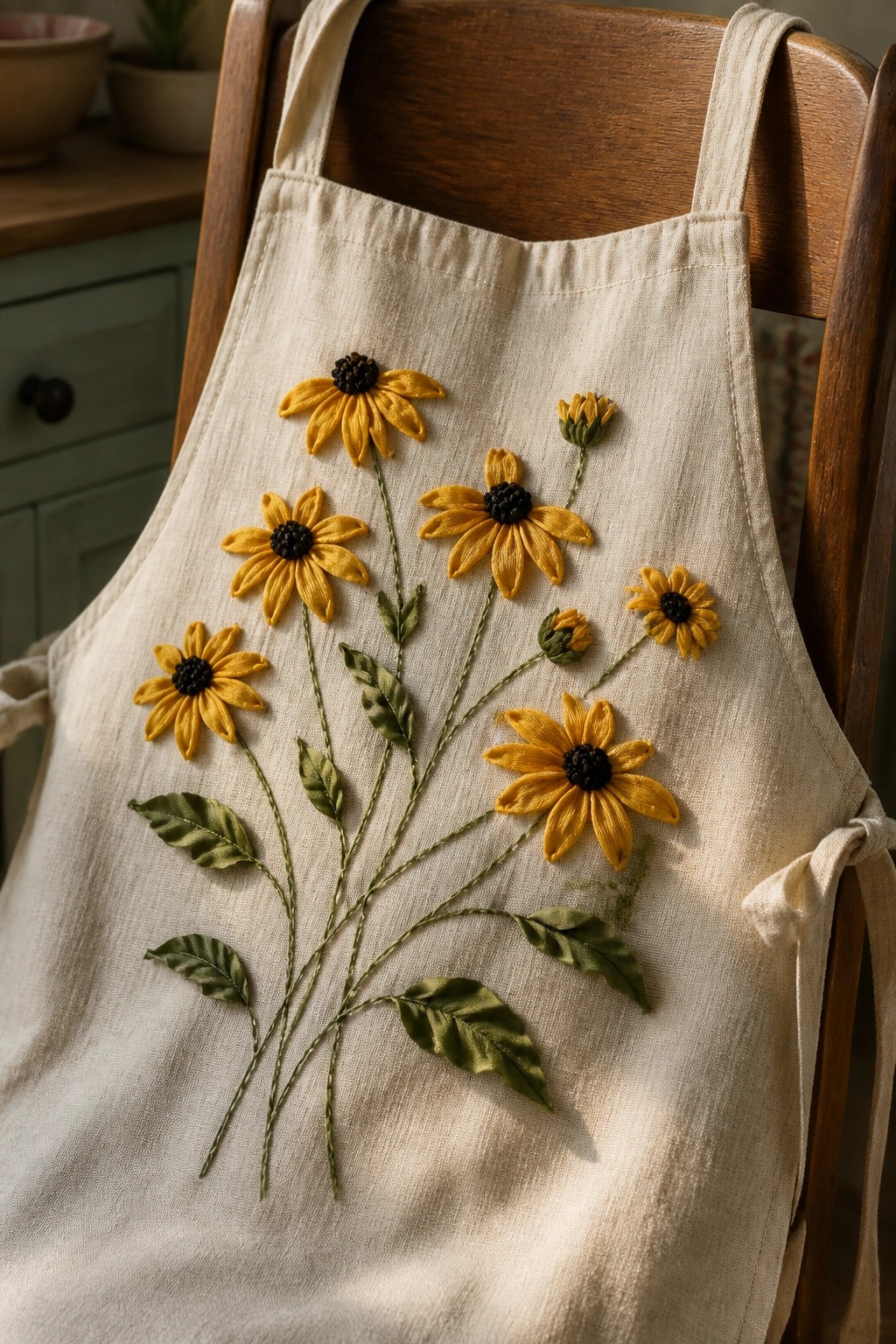 Beige apron embroidered with yellow sunflowers and leaves on wooden chair.
