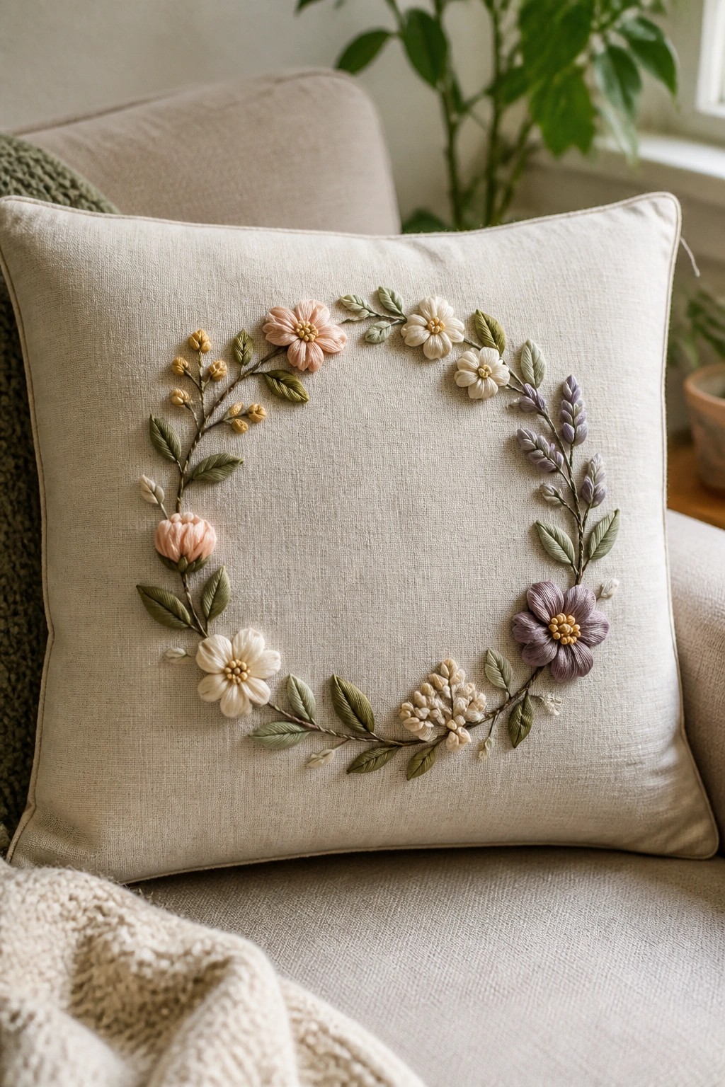 Beige pillow with embroidered pastel floral wreath on a sofa.
