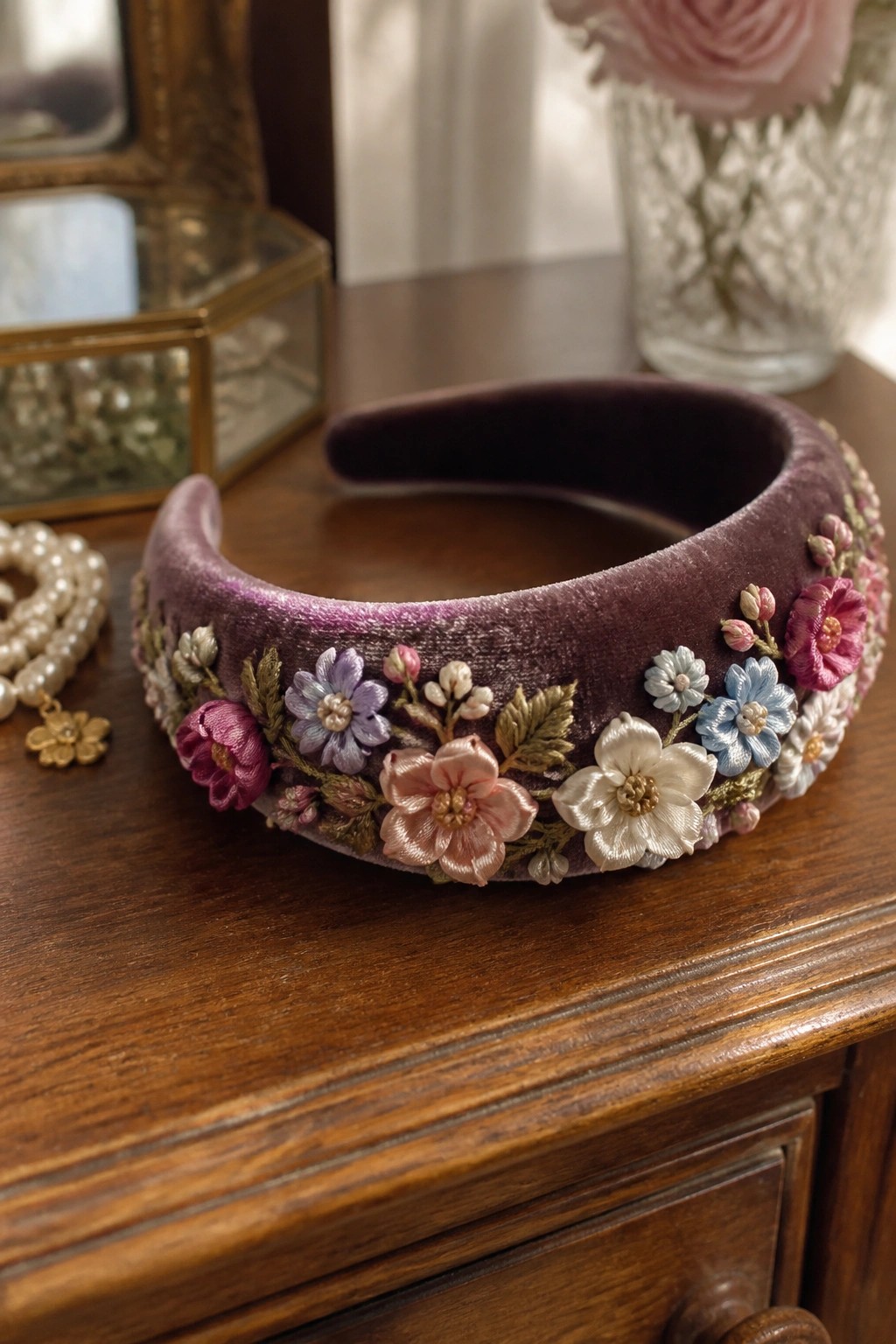 Purple velvet headband with colorful embroidered flowers on wooden dresser