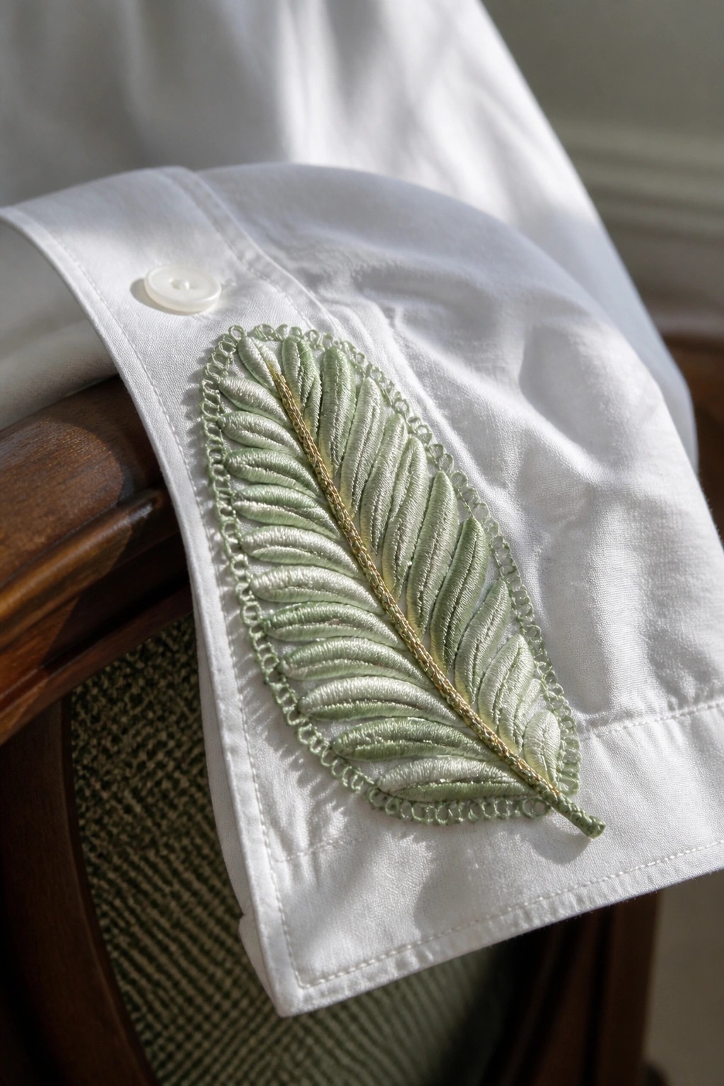 White shirt cuff with light green embroidered leaf and button on wood.