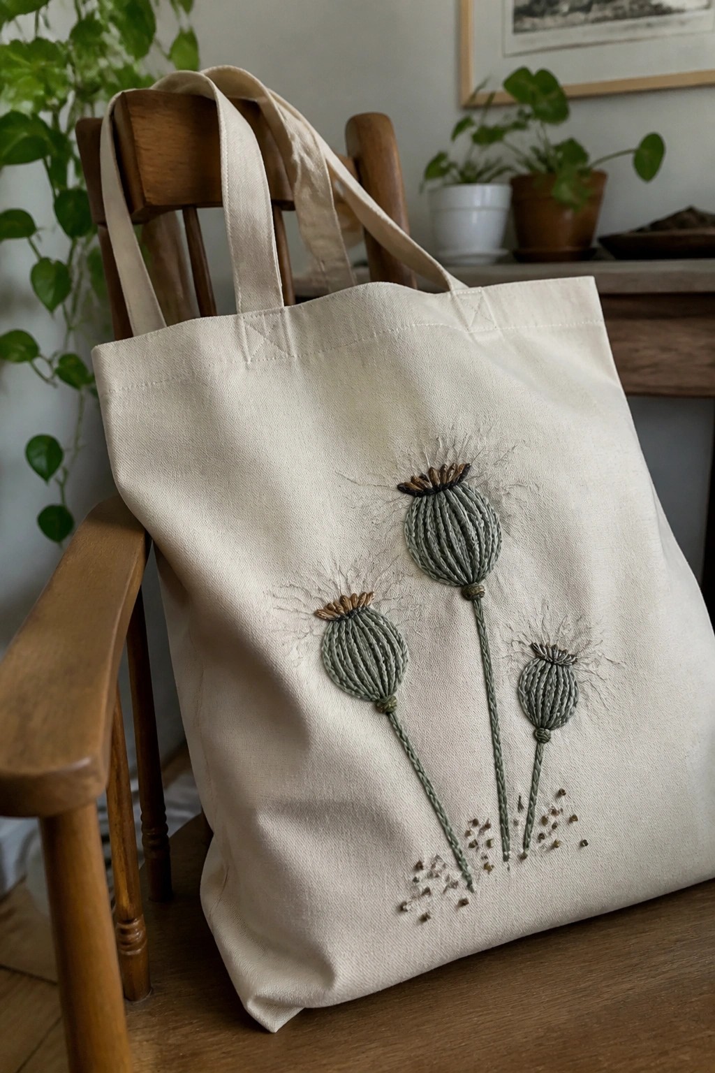 A cream canvas tote bag embroidered with three raised green and brown seed heads on stems, resting on a wooden chair.