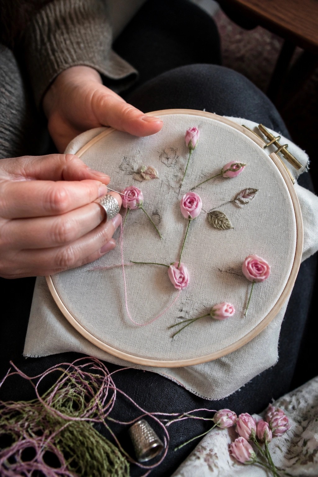 Hands with thimble embroidering pink ribbon roses in wooden hoop on lap