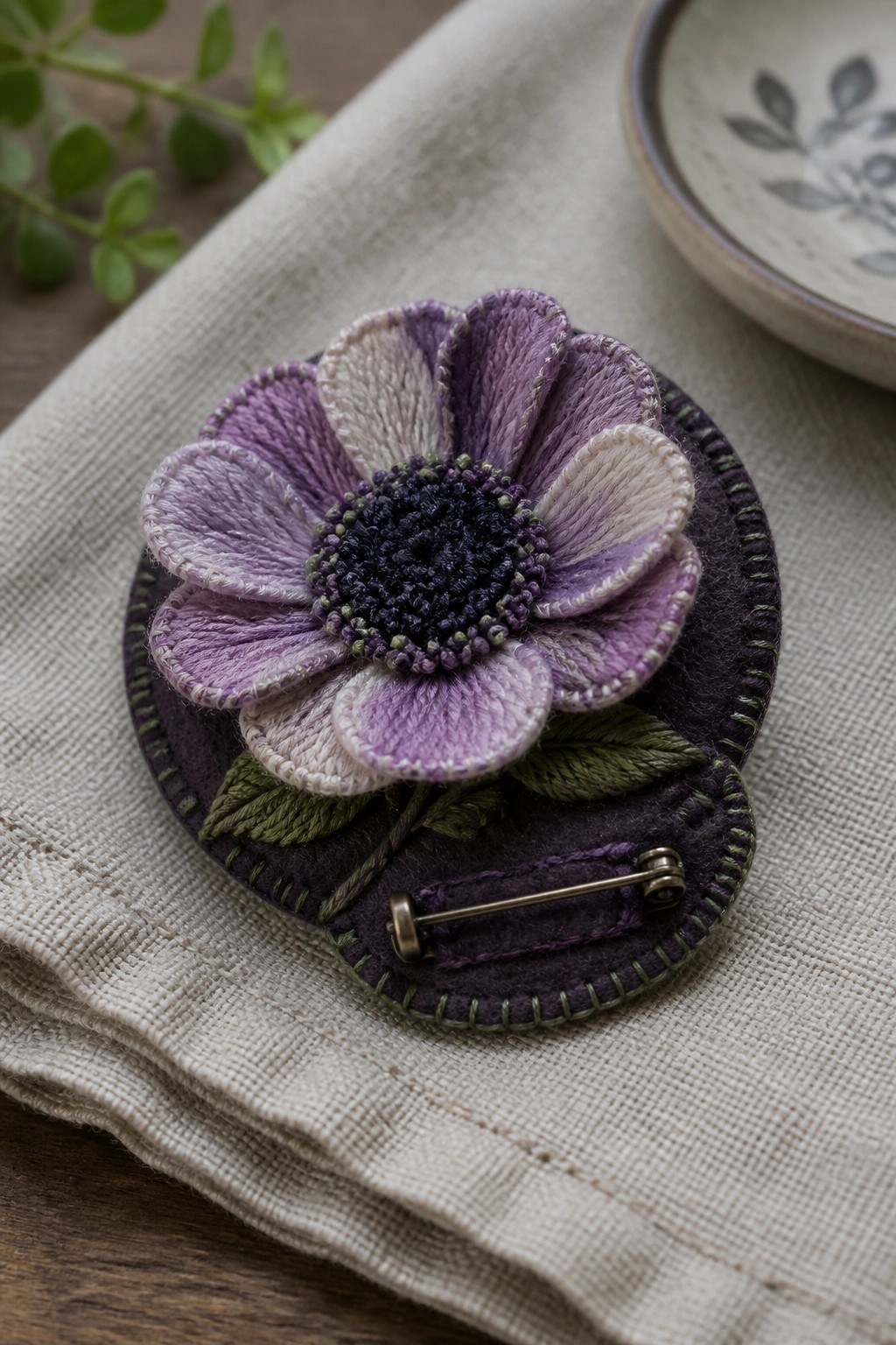 A purple embroidered flower brooch with layered petals, a dark center, and green leaves, shown with a pin back on beige fabric.