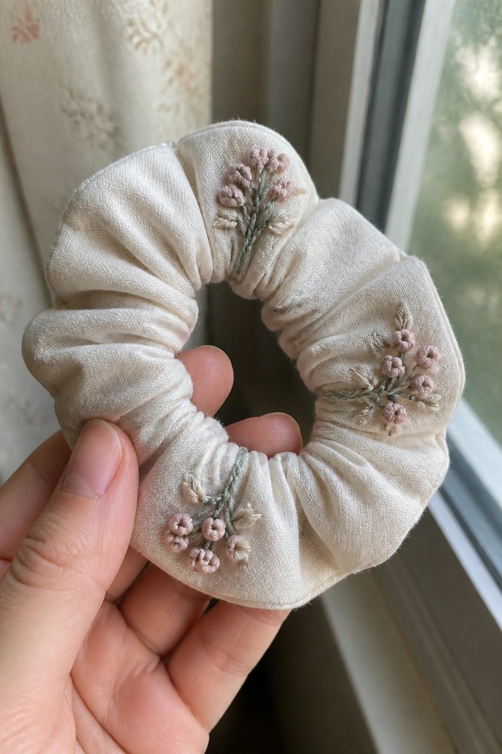 Hand holding white scrunchie embroidered with pink flowers and green stems