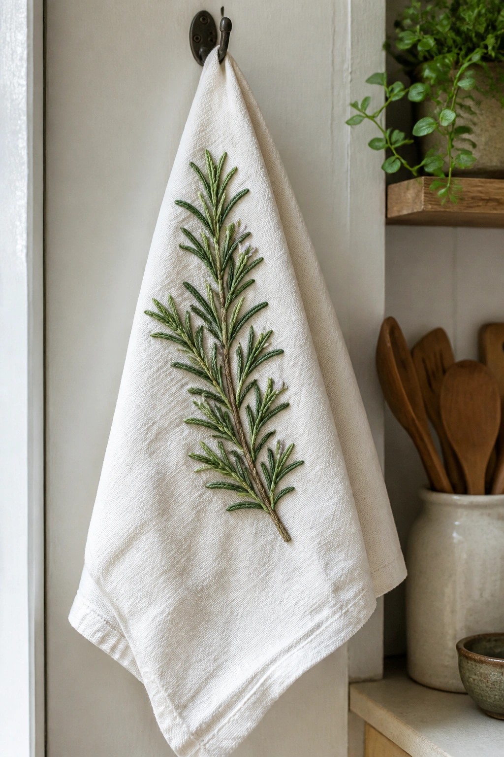 White towel with green rosemary embroidery hanging from metal kitchen hook